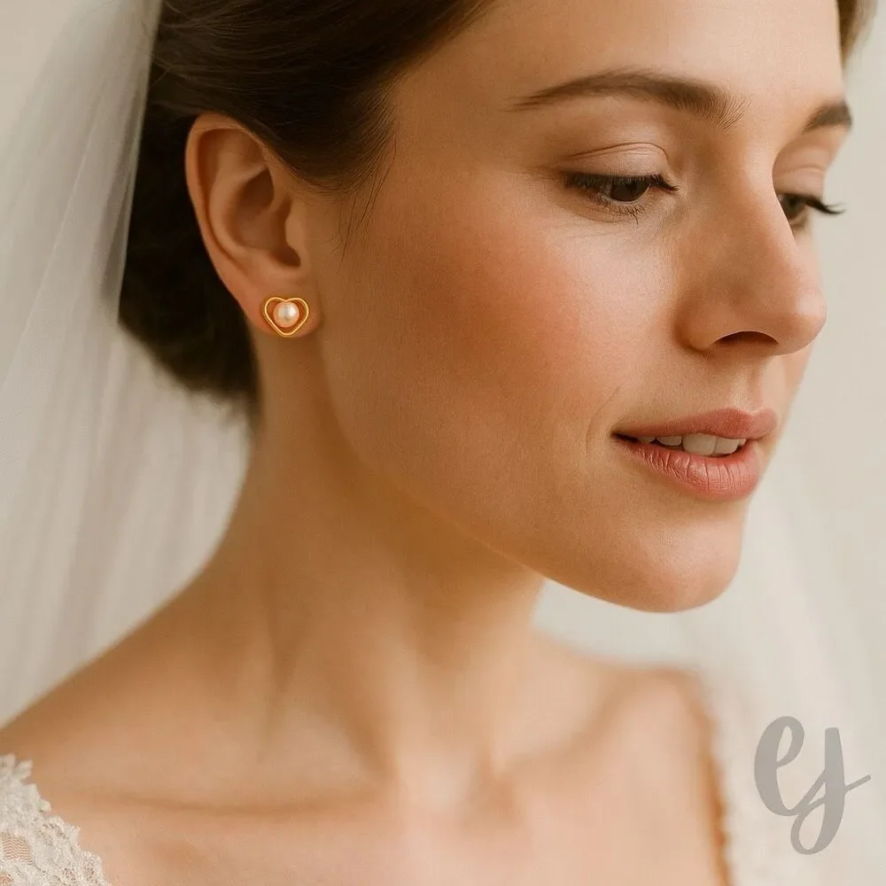 Pink Freshwater Cultured Pearl Stud Earrings in 18k Gold Plated Heart Setting